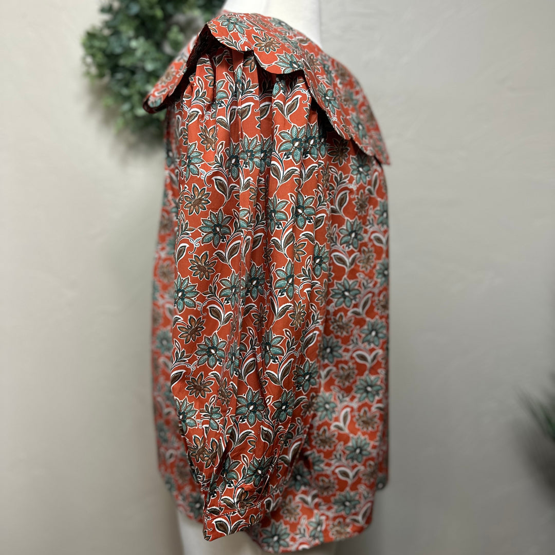 Liza Lou’s Rust Terracotta Paisley Blouse with Peter Pan Collar