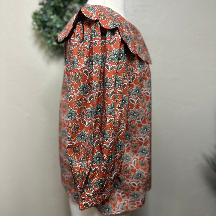Liza Lou’s Rust Terracotta Paisley Blouse with Peter Pan Collar