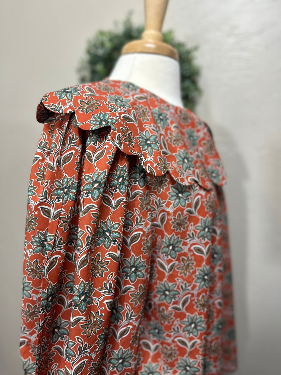 Liza Lou’s Rust Terracotta Paisley Blouse with Peter Pan Collar