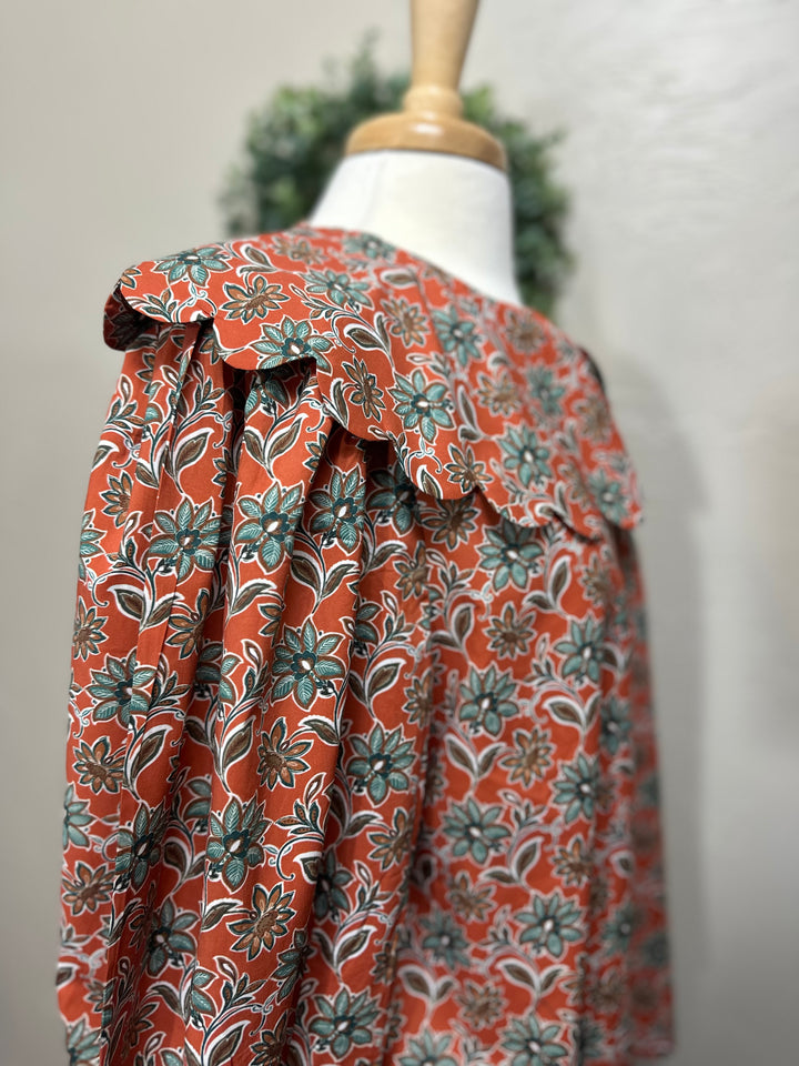 Liza Lou’s Rust Terracotta Paisley Blouse with Peter Pan Collar