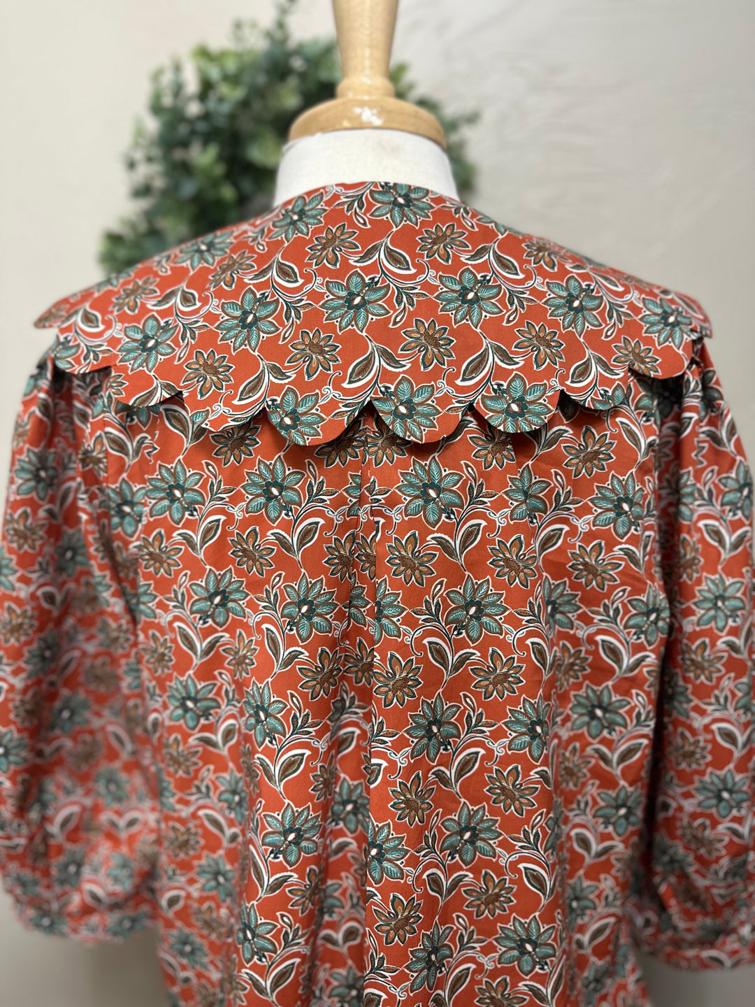 Liza Lou’s Rust Terracotta Paisley Blouse with Peter Pan Collar