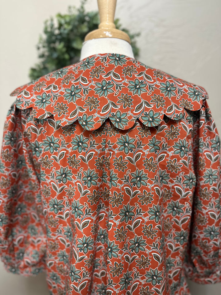 Liza Lou’s Rust Terracotta Paisley Blouse with Peter Pan Collar