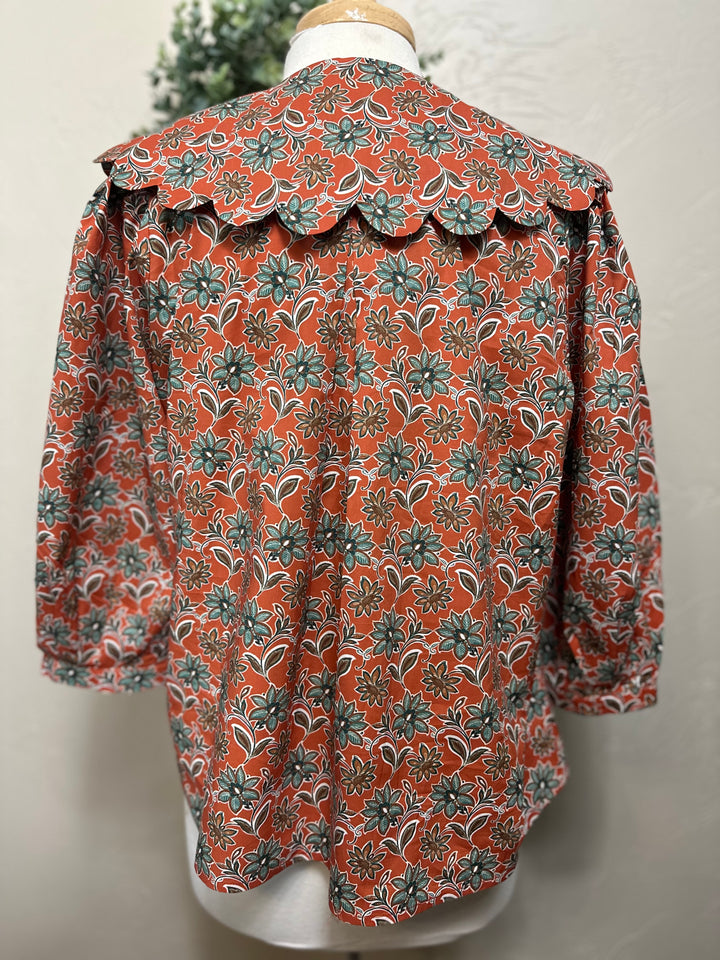 Liza Lou’s Rust Terracotta Paisley Blouse with Peter Pan Collar