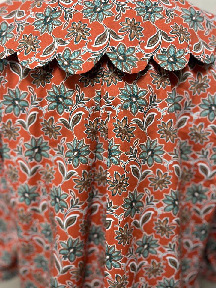 Liza Lou’s Rust Terracotta Paisley Blouse with Peter Pan Collar