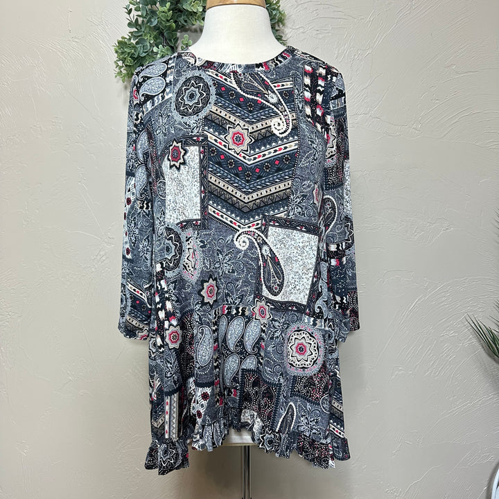 Liza Lou’s Ladies Asymmetrical Blue Geometric Tunic Top