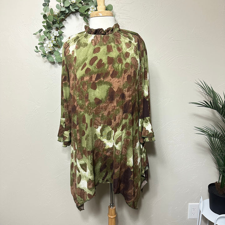 Liza Lou's Green Brown Colorful Asymmetrical Tunic Top