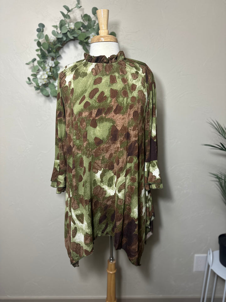 Liza Lou's Green Brown Colorful Asymmetrical Tunic Top