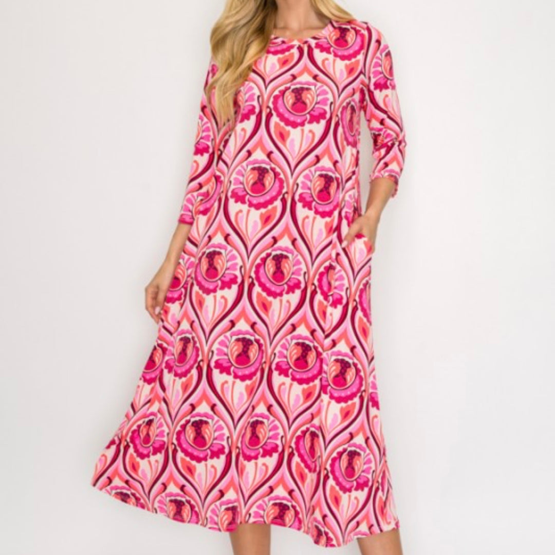 Liza Lou's Vivian Pink Geometric Modest Women's Dress