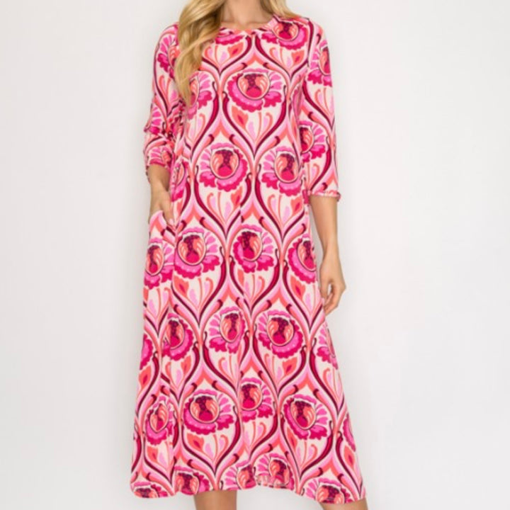 Liza Lou's Vivian Pink Geometric Modest Women's Dress
