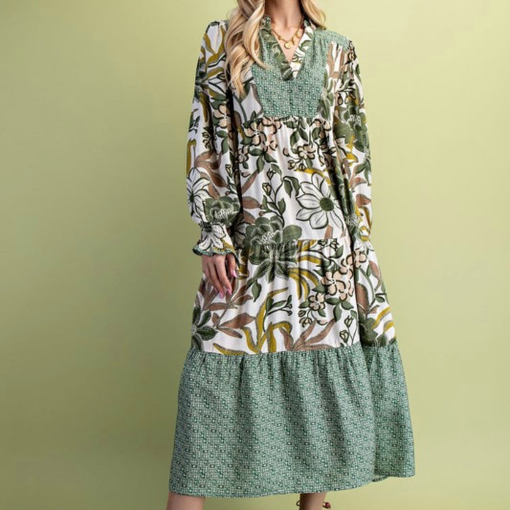 Liza Lou’s Boho Mixed Print Modest Olive Mix Dress