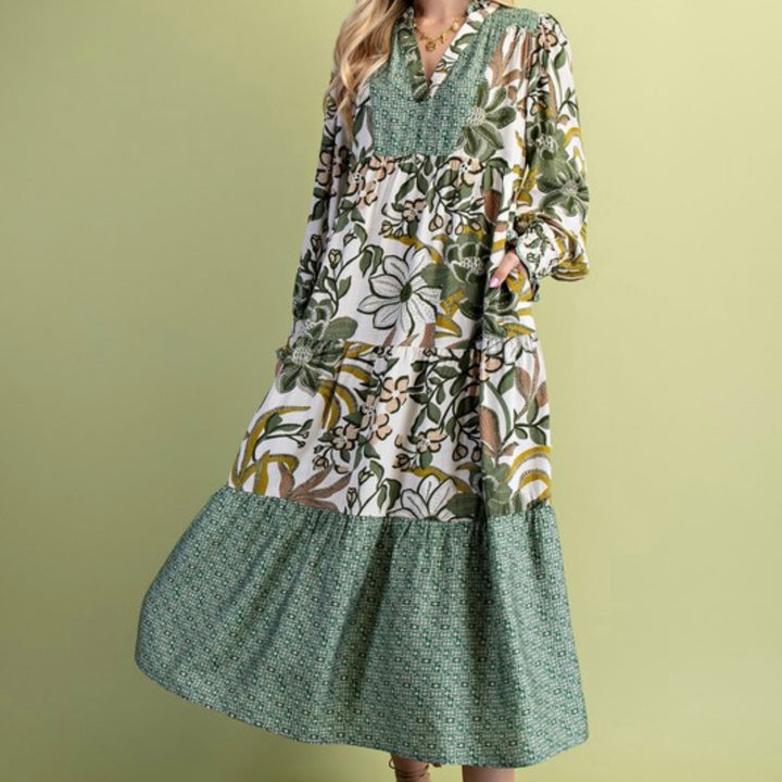 Liza Lou’s Boho Mixed Print Modest Olive Mix Dress