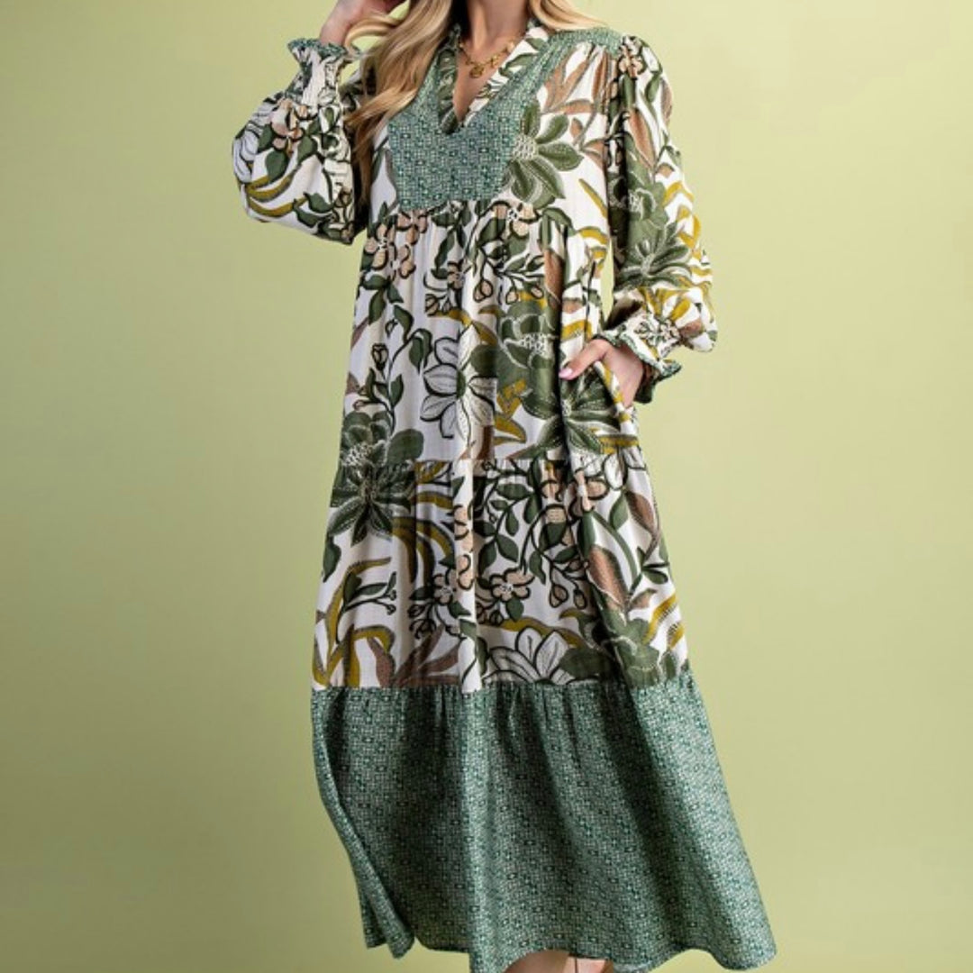 Liza Lou’s Boho Mixed Print Modest Olive Mix Dress