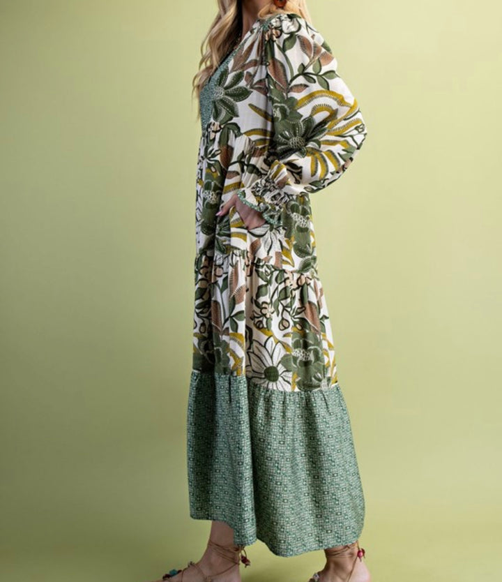 Liza Lou’s Boho Mixed Print Modest Olive Mix Dress