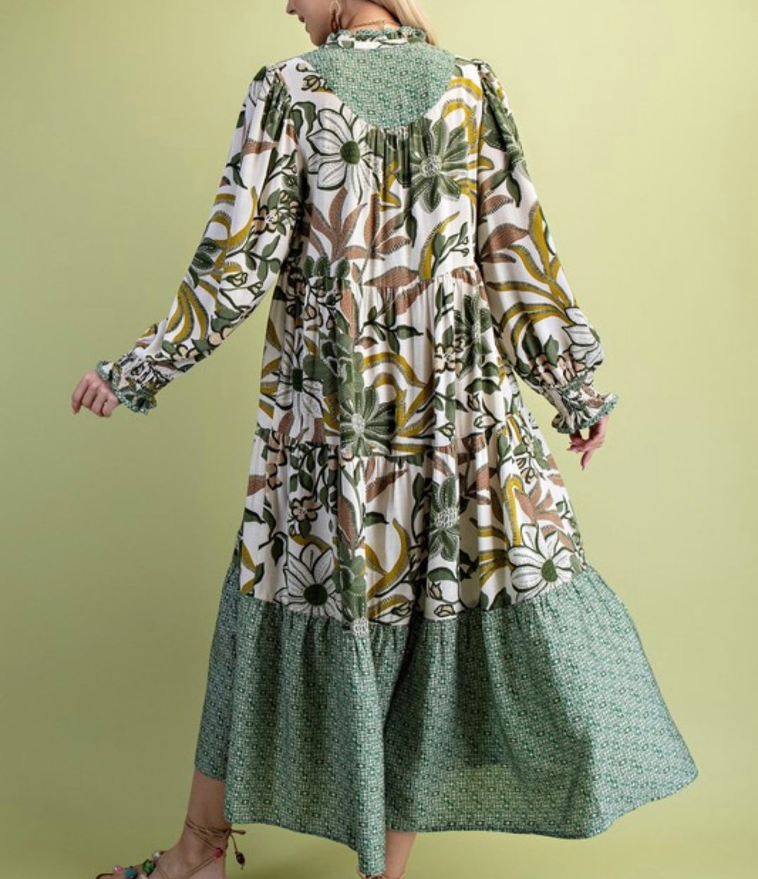 Liza Lou’s Boho Mixed Print Modest Olive Mix Dress