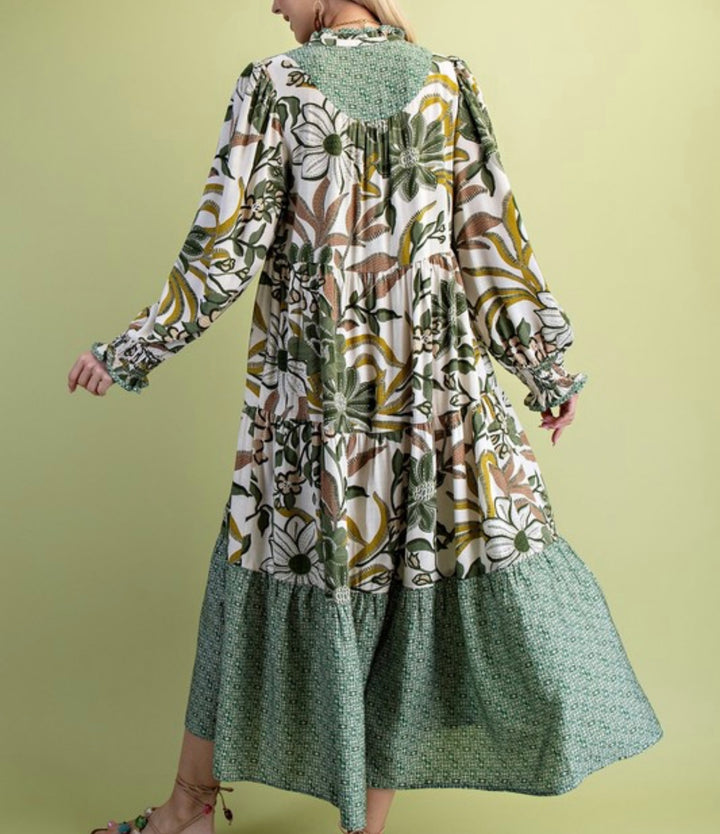 Liza Lou’s Boho Mixed Print Modest Olive Mix Dress