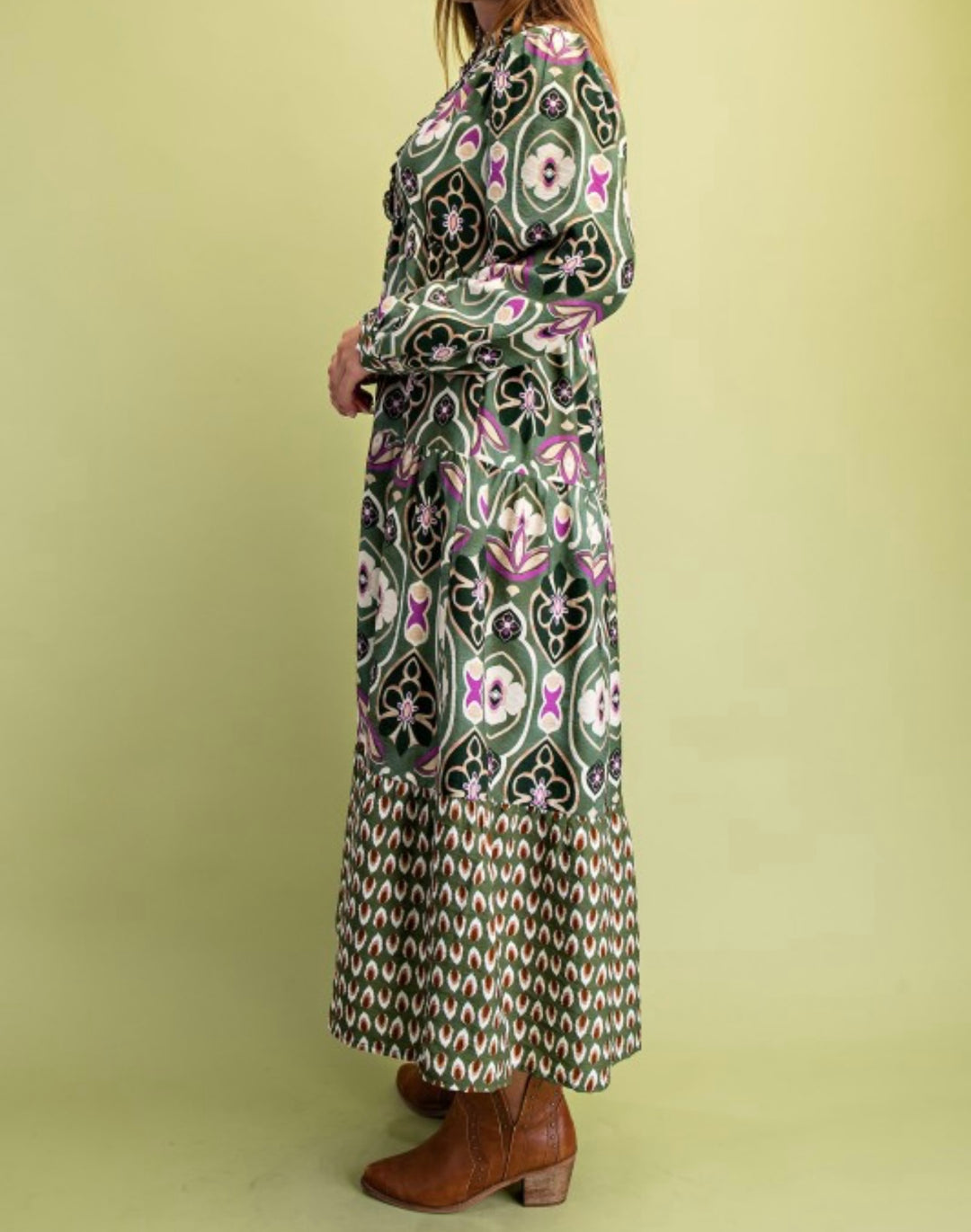 Liza Lou’s Olive Mixed Modest Dress