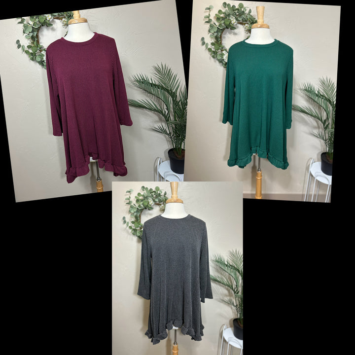 Liza Lou's Ribbed Textured Black/Gray, Burgundy/Wine, Hunter Green Modest Tunic Top