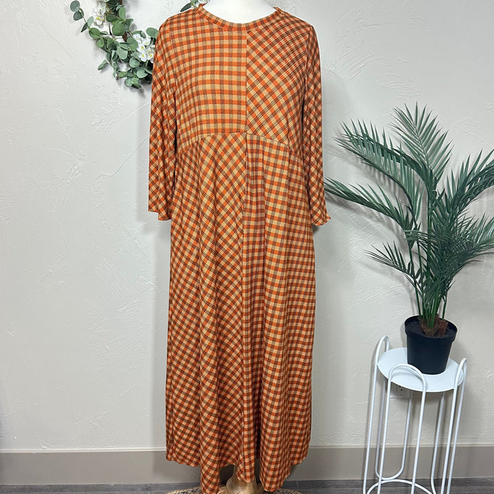 Liza Lou’s Autumn Rust Checkered Modest Dress