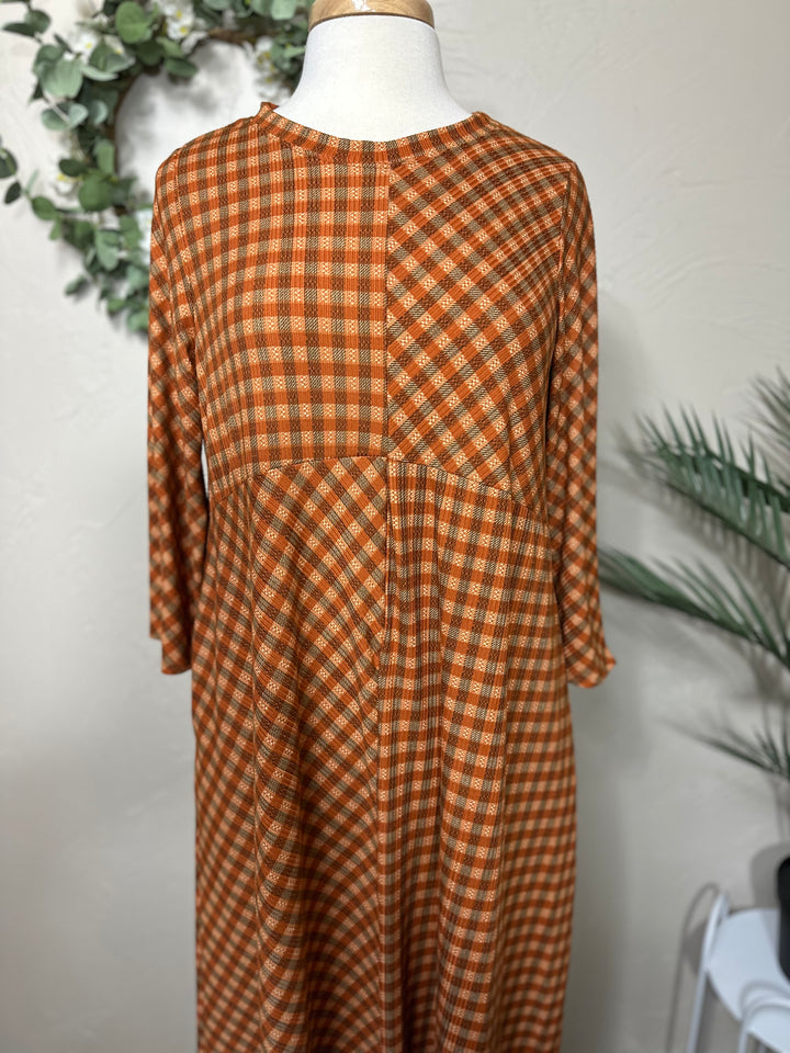 Liza Lou’s Autumn Rust Checkered Modest Dress