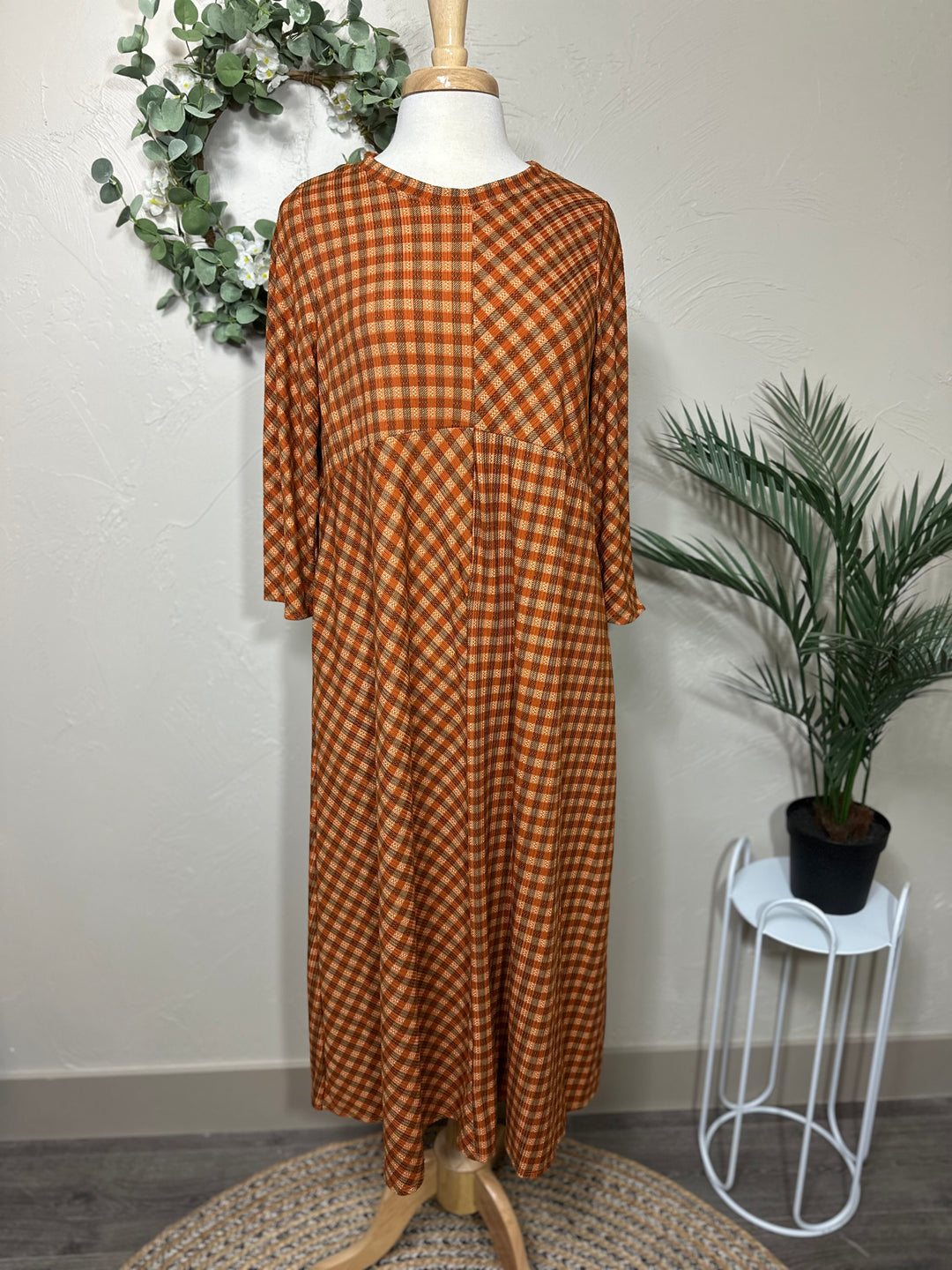 Liza Lou’s Autumn Rust Checkered Modest Dress