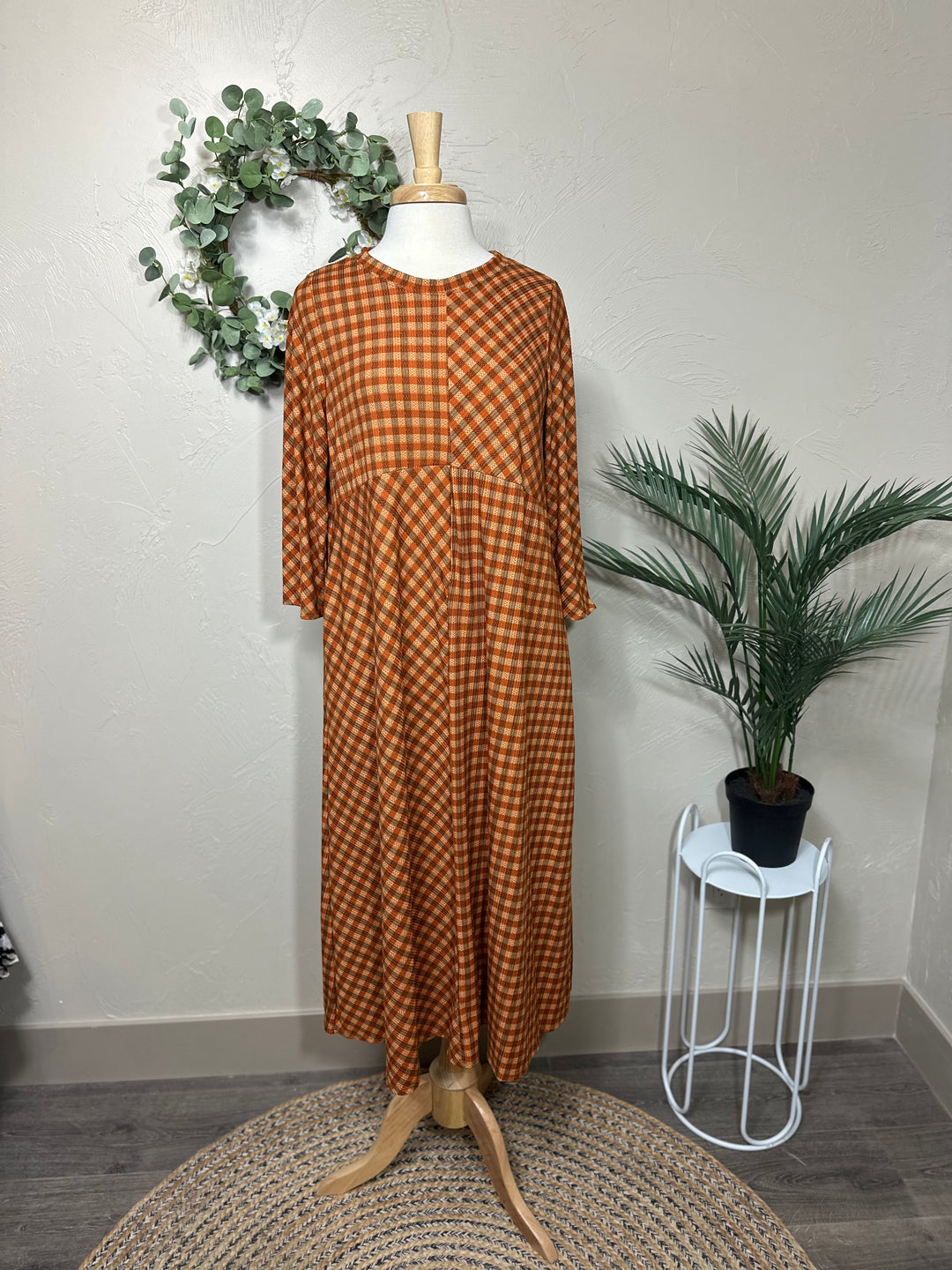 Liza Lou’s Autumn Rust Checkered Modest Dress