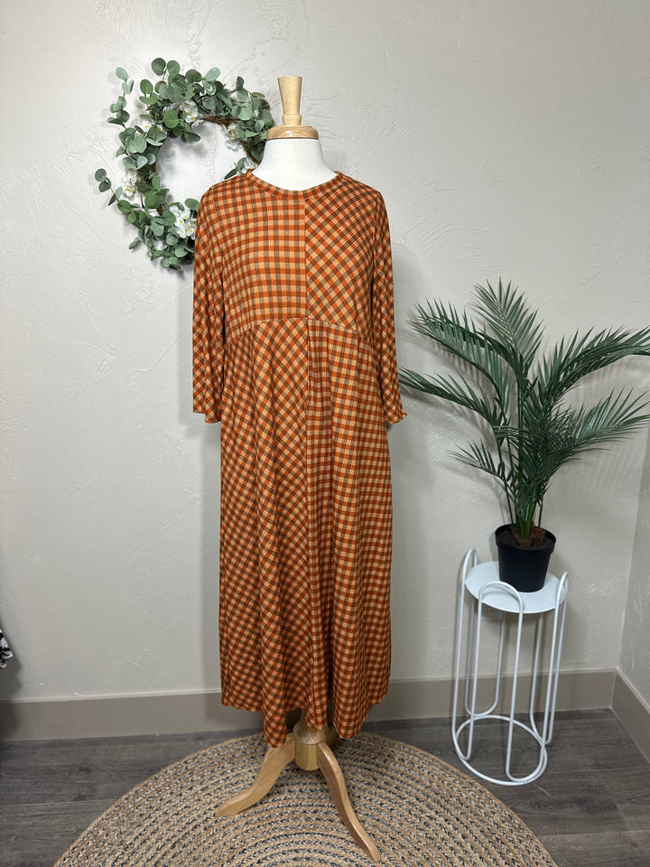 Liza Lou’s Autumn Rust Checkered Modest Dress