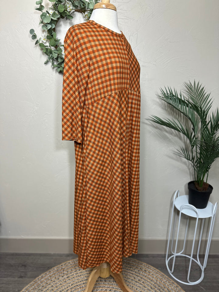 Liza Lou’s Autumn Rust Checkered Modest Dress