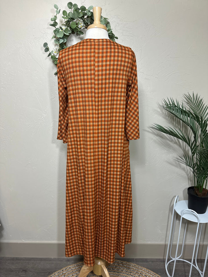 Liza Lou’s Autumn Rust Checkered Modest Dress