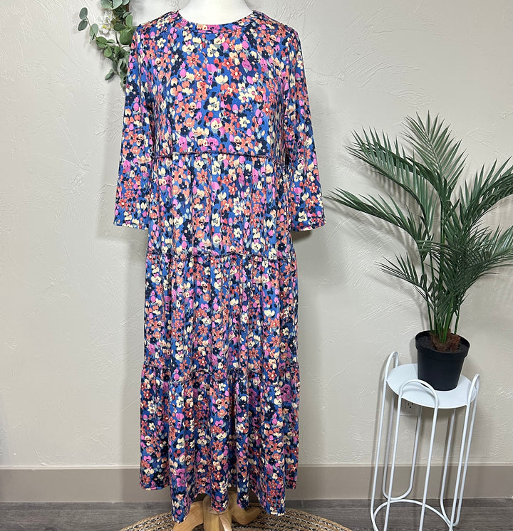 Liza Lou's Vienna Modest Blue Surged Edge Floral Tiered Modest Dress