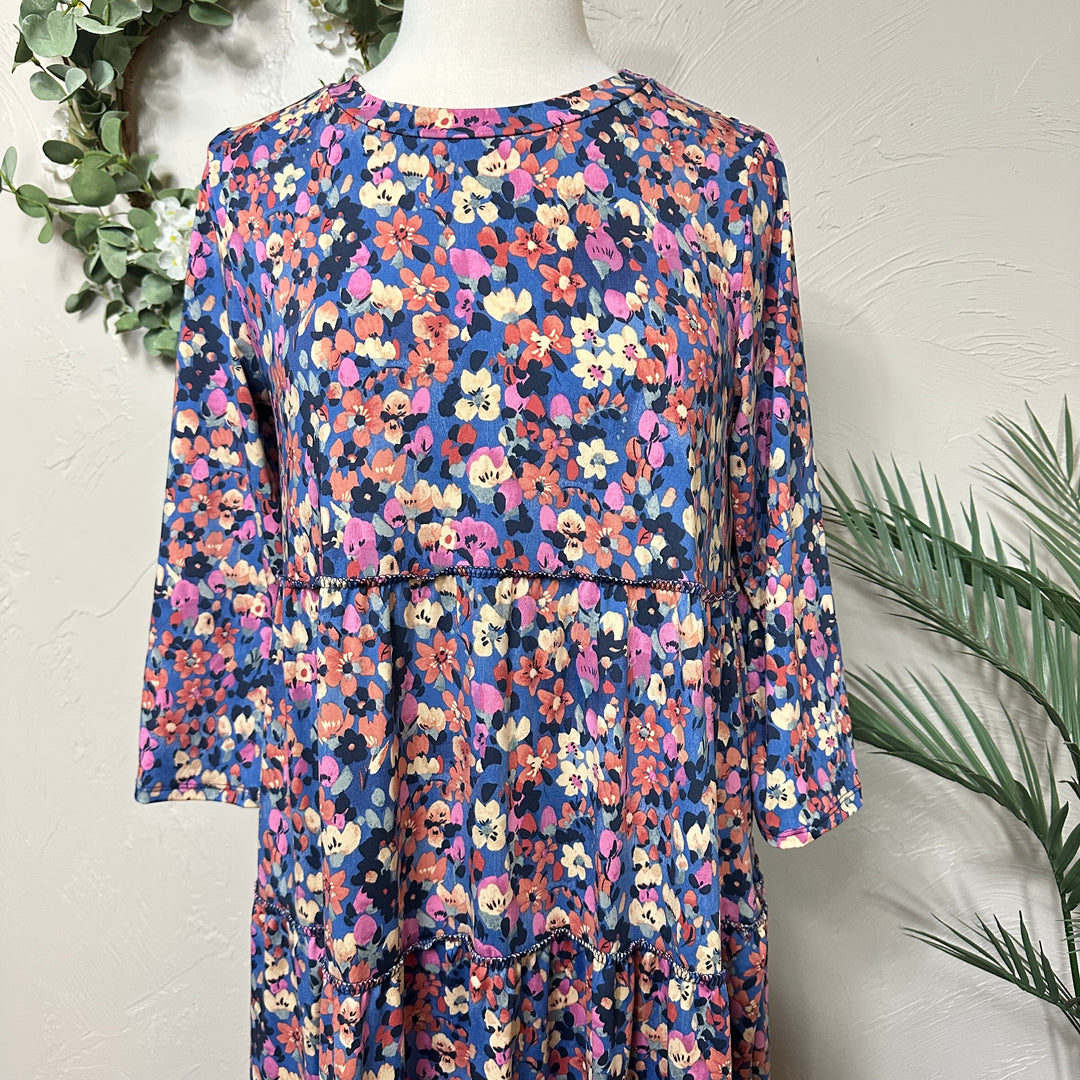 Liza Lou's Vienna Modest Blue Surged Edge Floral Tiered Modest Dress