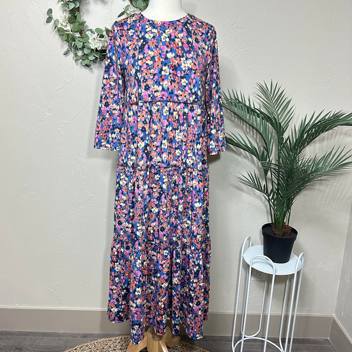 Liza Lou's Vienna Modest Blue Surged Edge Floral Tiered Modest Dress
