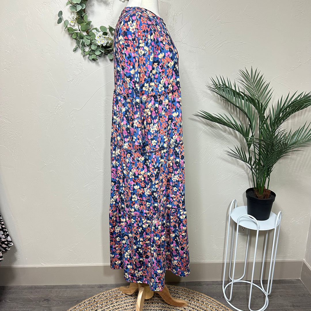 Liza Lou's Vienna Modest Blue Surged Edge Floral Tiered Modest Dress