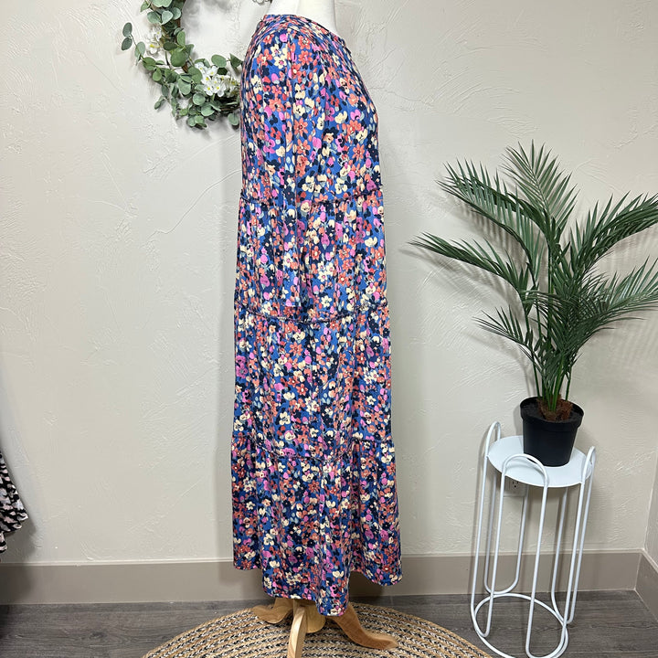Liza Lou's Vienna Modest Blue Surged Edge Floral Tiered Modest Dress