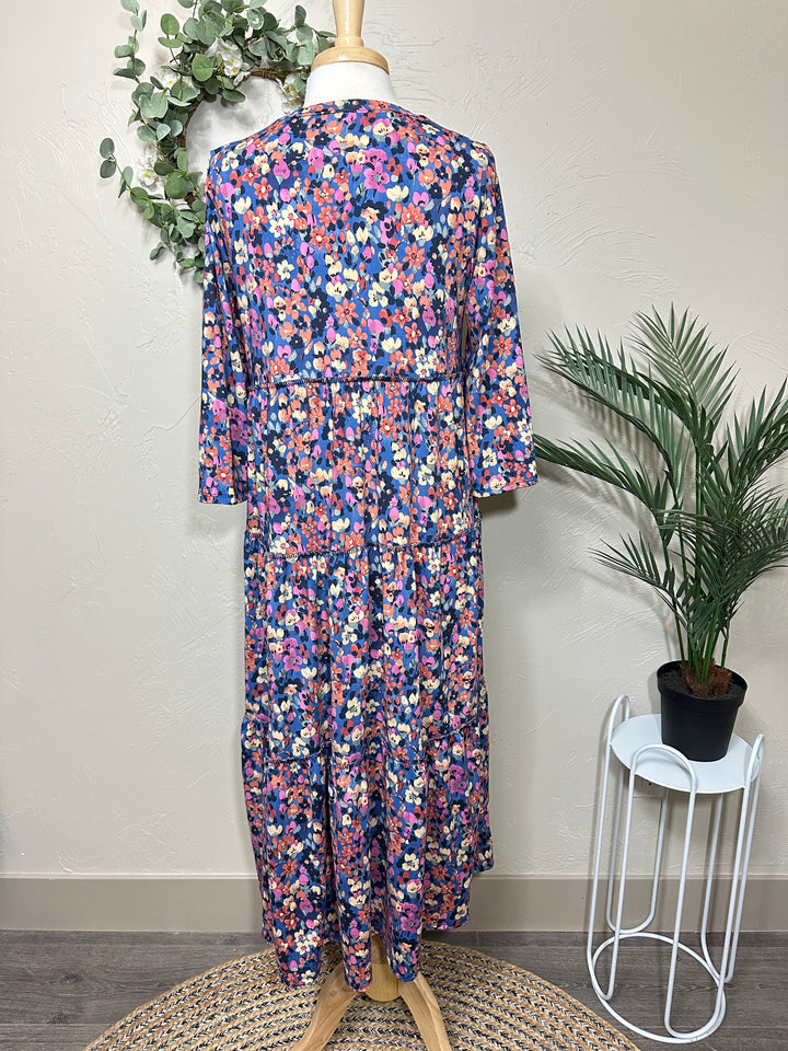 Liza Lou's Vienna Modest Blue Surged Edge Floral Tiered Modest Dress
