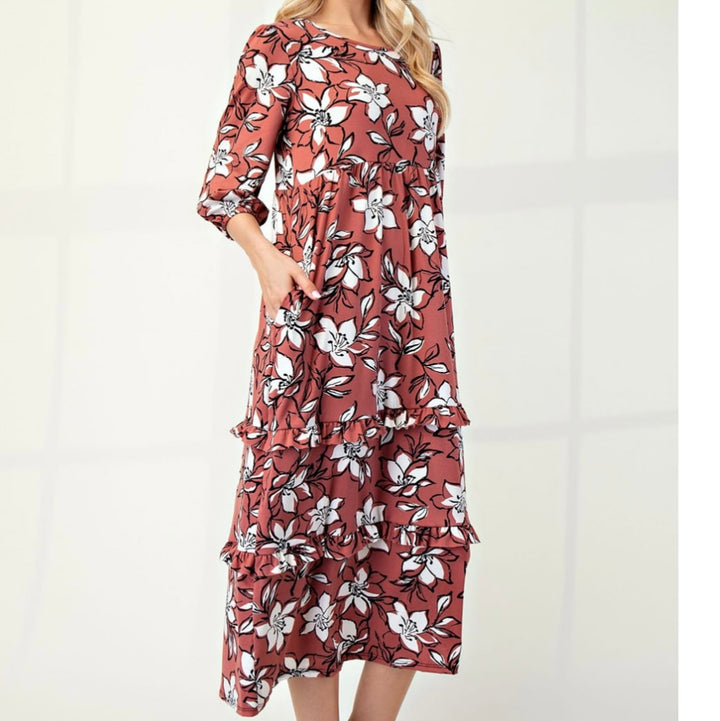 Selena Classic Terracotta Floral Tiered Ruffle Long Dress