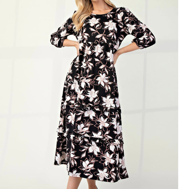 Selena Classic Black Floral Tiered Ruffle Long Dress