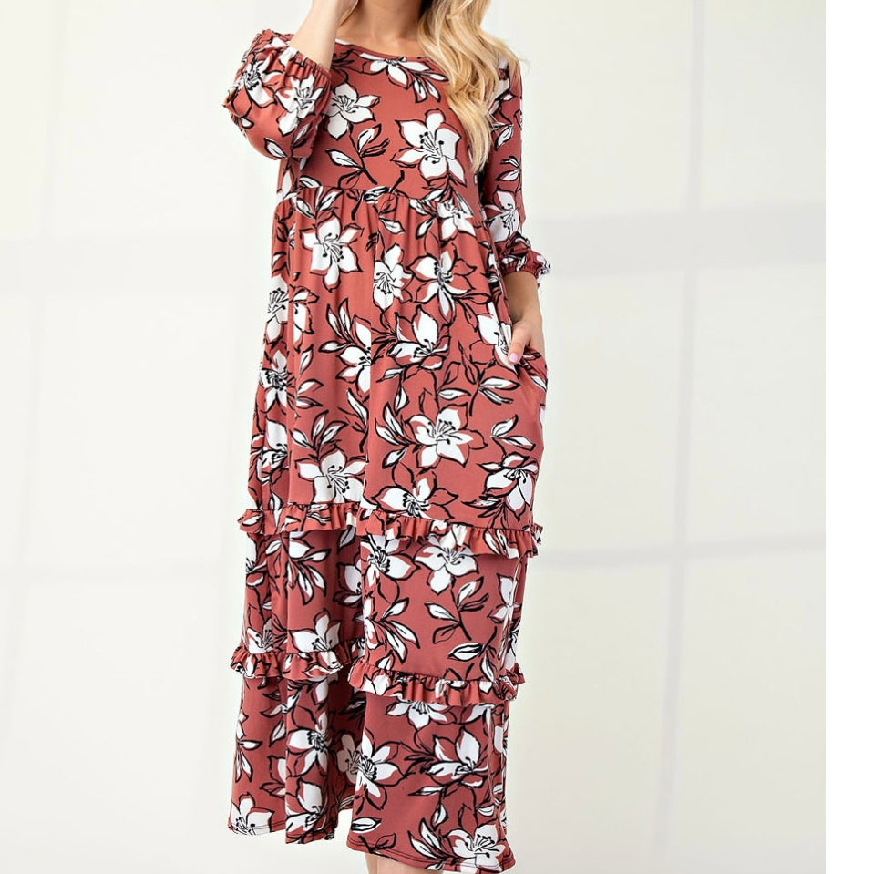 Selena Classic Terracotta Floral Tiered Ruffle Long Dress
