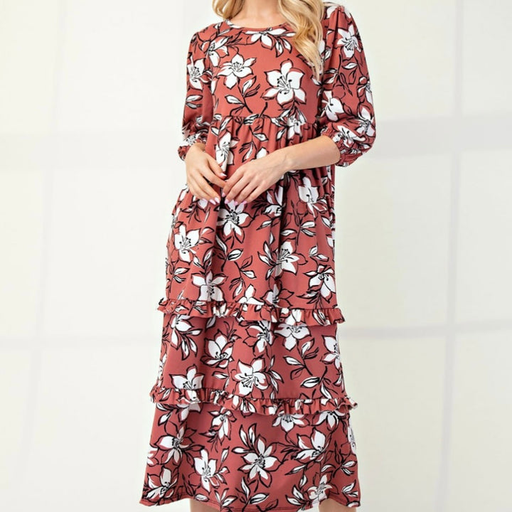 Selena Classic Terracotta Floral Tiered Ruffle Long Dress