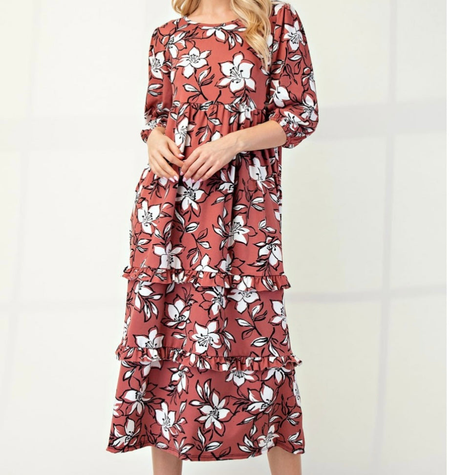 Selena Classic Terracotta Floral Tiered Ruffle Long Dress