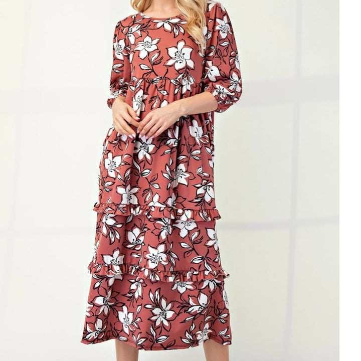 Selena Classic Terracotta Floral Tiered Ruffle Long Dress