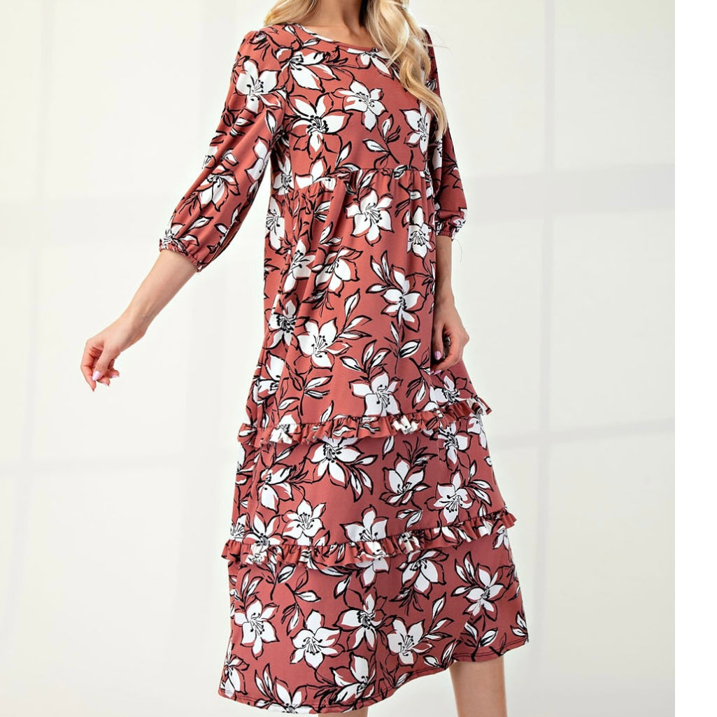 Selena Classic Terracotta Floral Tiered Ruffle Long Dress