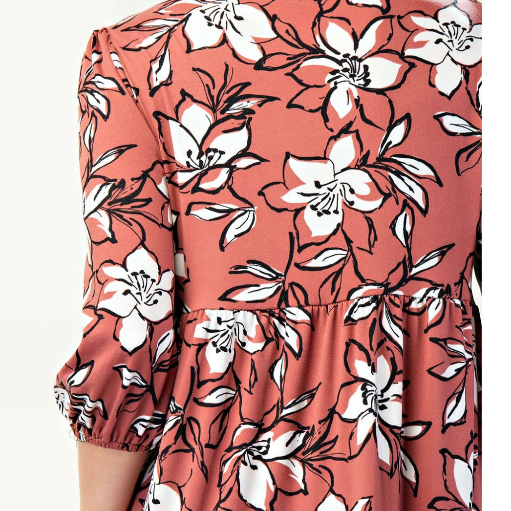 Selena Classic Terracotta Floral Tiered Ruffle Long Dress