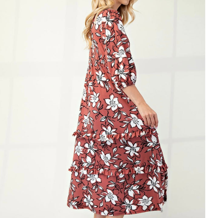 Selena Classic Terracotta Floral Tiered Ruffle Long Dress