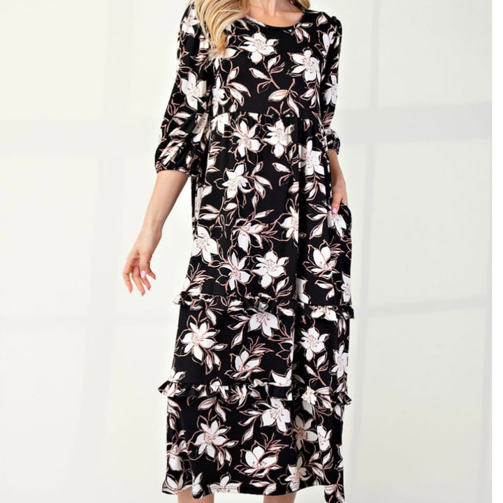 Selena Classic Black Floral Tiered Ruffle Long Dress