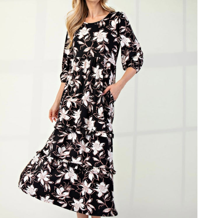 Selena Classic Black Floral Tiered Ruffle Long Dress