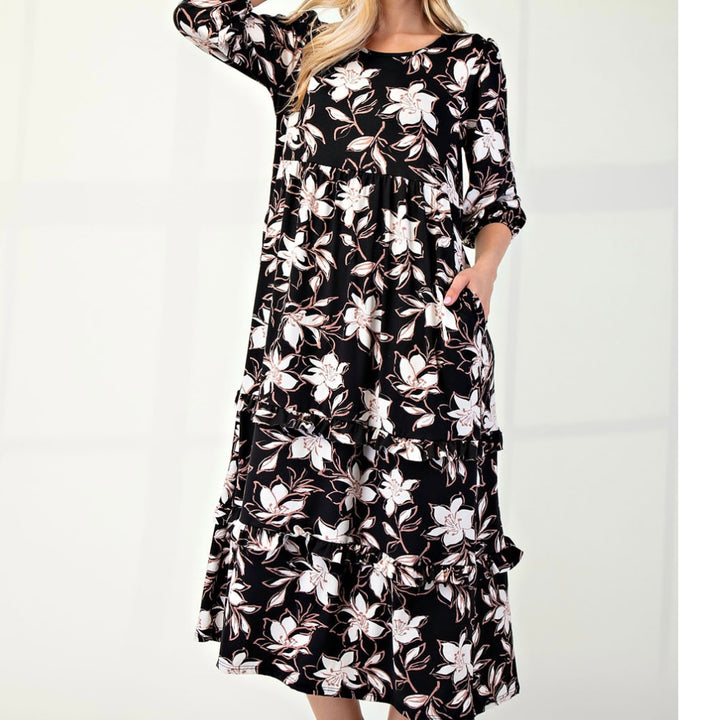 Selena Classic Black Floral Tiered Ruffle Long Dress