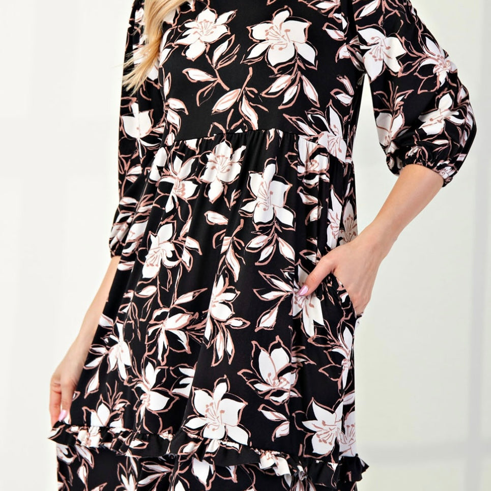 Selena Classic Black Floral Tiered Ruffle Long Dress