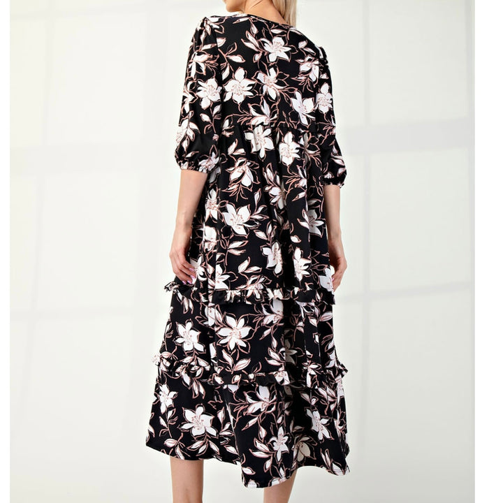 Selena Classic Black Floral Tiered Ruffle Long Dress