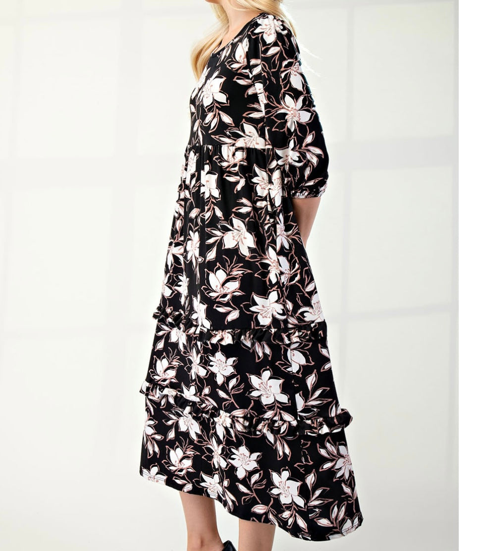 Selena Classic Black Floral Tiered Ruffle Long Dress