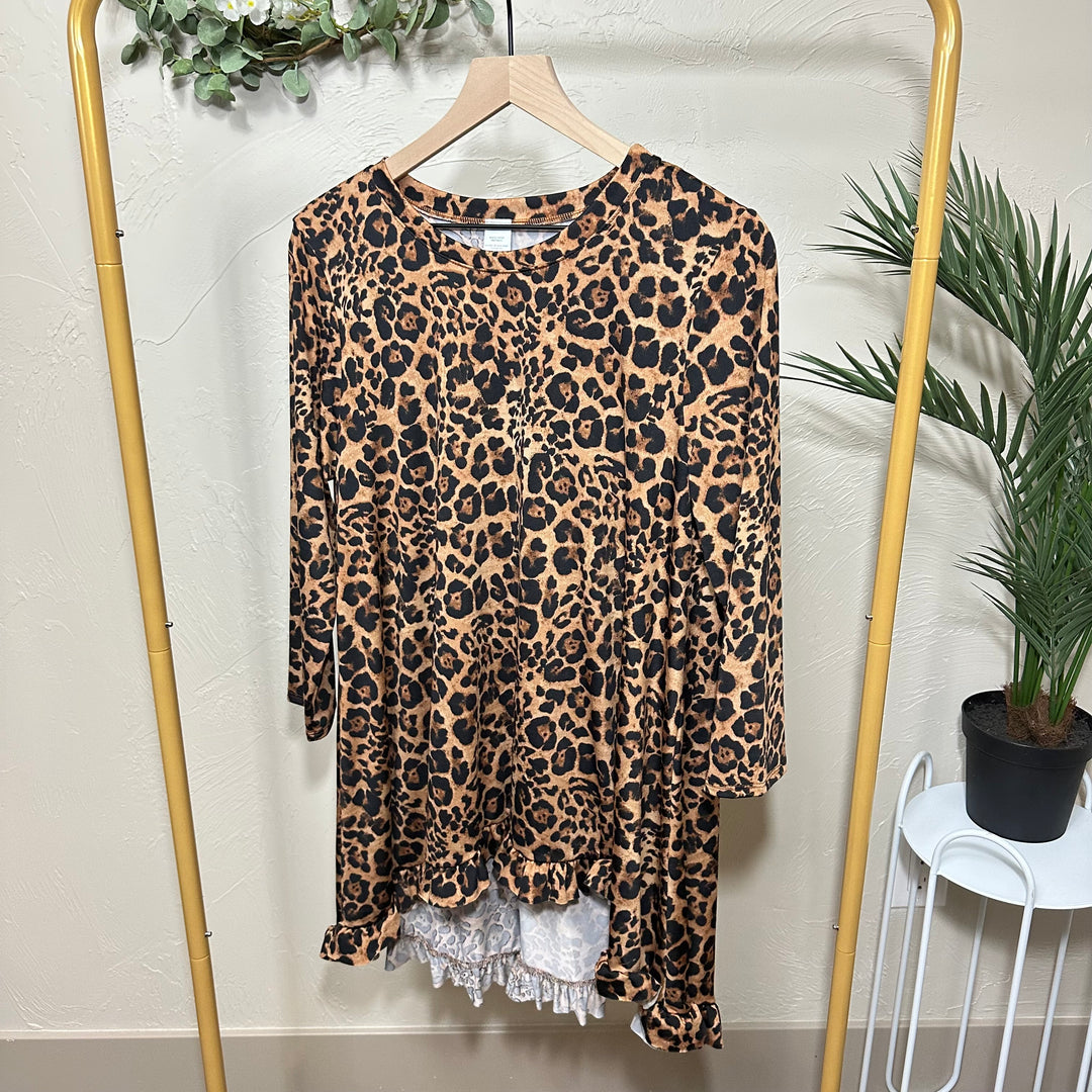 Liza Lou’s Animal Print Modest Tunic Top with Ruffle